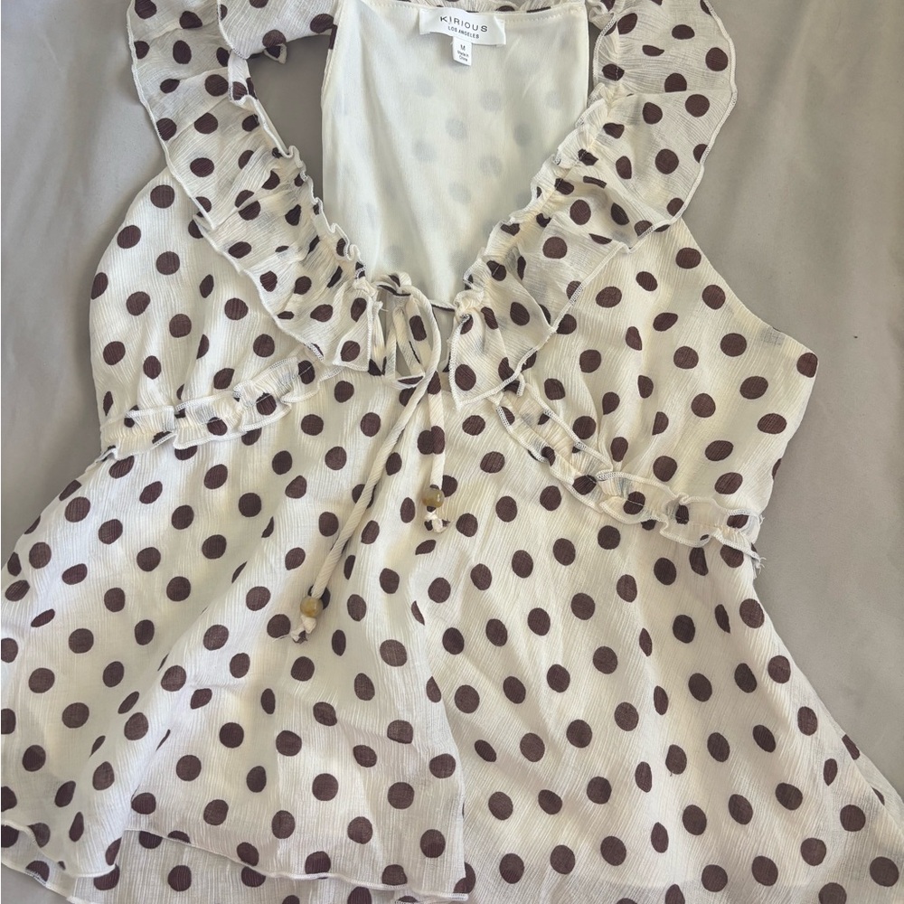 Kirrois Cream Polka Dot Ruffle Tie-Front Camisole